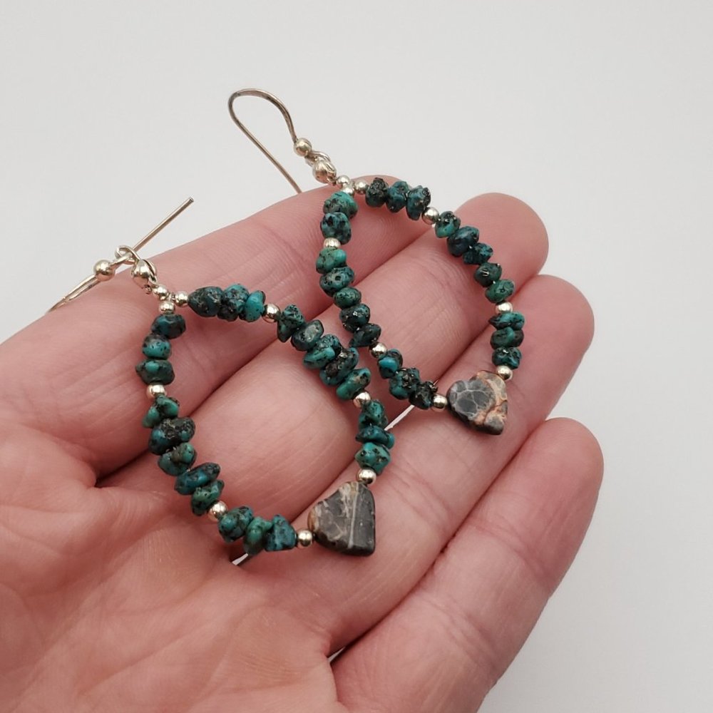 925 Sterling Silver Unique Handmade Two Types Of Stone Heart Earrings - Picture 2 of 5